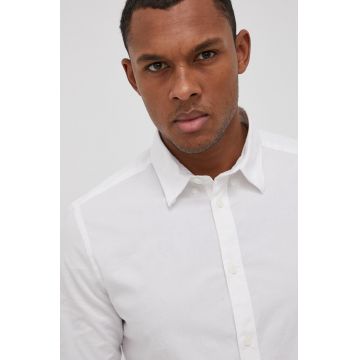 Solid Cămașă bărbați, culoarea alb, cu guler button-down, slim