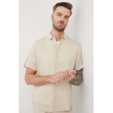 Emporio Armani camasa din bumbac barbati, culoarea bej, cu guler clasic, regular Emporio Armani camasa din bumbac barbati, culoarea bej, cu guler clasic, regular