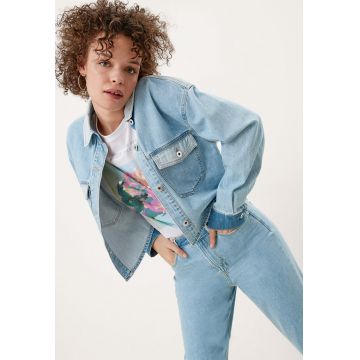 Camasa crop din denim cu buzunare cu clapa