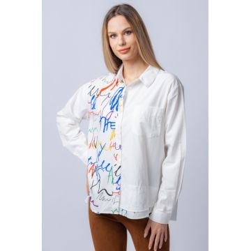 Camasa alba cu 1 2 imprimeu colorat, din bumbac