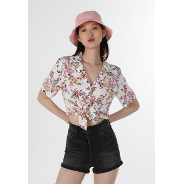 Camasa crop regular fit cu maneci scurte si model floral