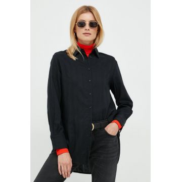 Sisley camasa femei, culoarea negru, cu guler clasic, relaxed