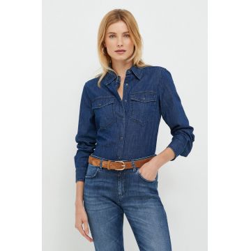 Sisley camasa jeans femei, culoarea albastru marin, cu guler clasic, regular