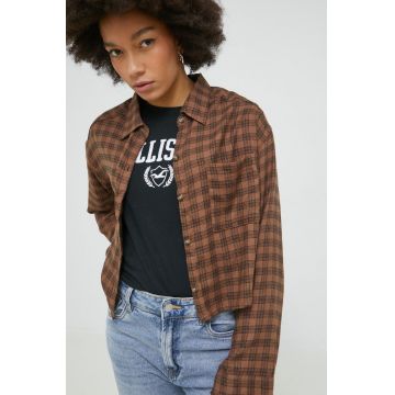 Hollister Co. camasa femei, culoarea maro, cu guler clasic, regular