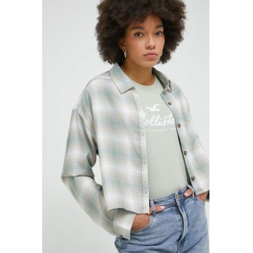 Hollister Co. camasa femei, culoarea verde, cu guler clasic, regular