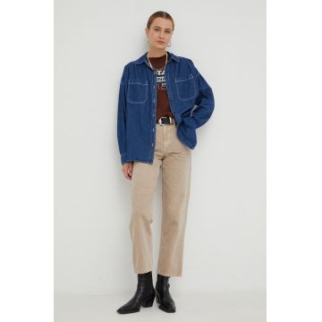 Lee camasa jeans femei, culoarea albastru marin, cu guler clasic, relaxed