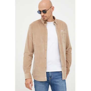 Pepe Jeans camasa din velur barbati, culoarea bej, cu guler button-down, regular