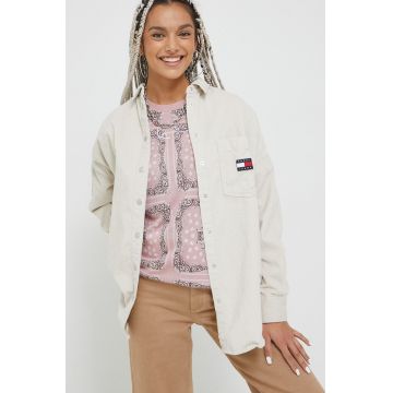 Tommy Jeans camasa din bumbac femei, culoarea bej, cu guler clasic, relaxed