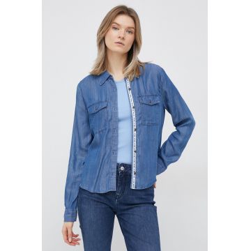 Dkny camasa femei, culoarea albastru marin, cu guler clasic, regular Dkny camasa femei, culoarea albastru marin, cu guler clasic, regular
