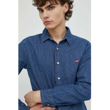 Levi's camasa jeans barbati, culoarea albastru marin, cu guler clasic, slim