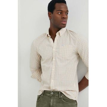 Pepe Jeans camasa din bumbac Lincoln barbati, culoarea bej, cu guler button-down, slim