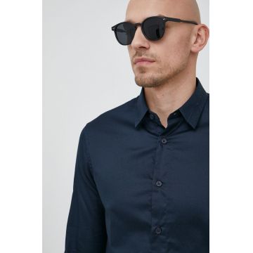 Armani Exchange camasa din bumbac barbati, culoarea albastru marin, cu guler clasic, regular