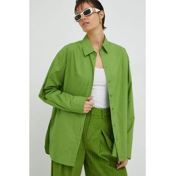 Gestuz camasa din bumbac IsolGZ femei, culoarea verde, cu guler clasic, relaxed
