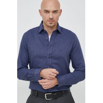 Michael Kors camasa din amestec de in barbati, culoarea albastru marin, cu guler clasic, slim