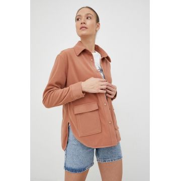 Roxy camasa femei, culoarea maro, cu guler clasic, relaxed
