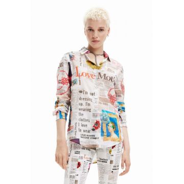 Desigual camasa din bumbac femei, culoarea alb, cu guler clasic, regular