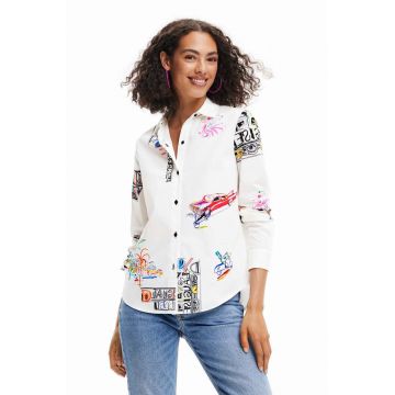 Desigual camasa din bumbac femei, culoarea alb, cu guler clasic, regular