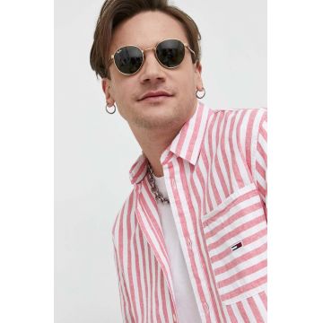 Tommy Jeans camasa din amestec de in culoarea roz, cu guler clasic, relaxed