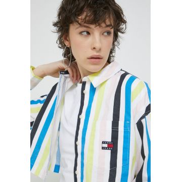 Tommy Jeans camasa din bumbac femei, culoarea galben, cu guler clasic, relaxed