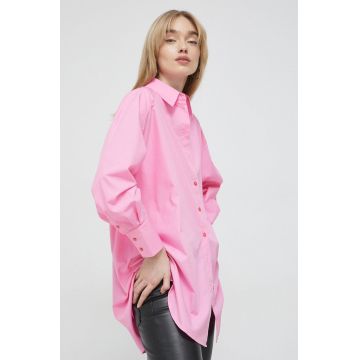 HUGO camasa din bumbac femei, culoarea roz, cu guler clasic, relaxed