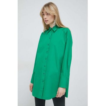 HUGO camasa din bumbac femei, culoarea verde, cu guler clasic, relaxed