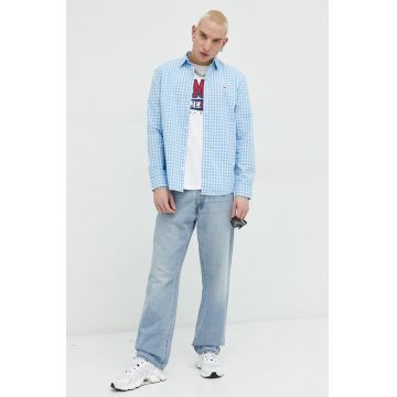 Tommy Jeans camasa din bumbac barbati, culoarea alb, cu guler clasic, regular