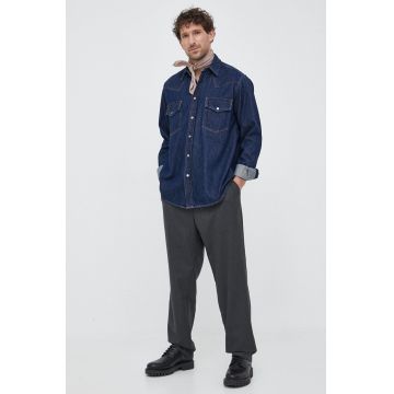 BOSS camasa jeans BOSS ORANGE barbati, culoarea albastru marin, cu guler clasic, regular
