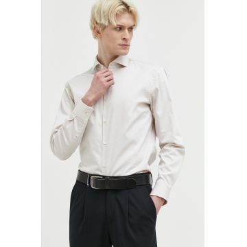 HUGO camasa din bumbac barbati, culoarea bej, cu guler italian, slim