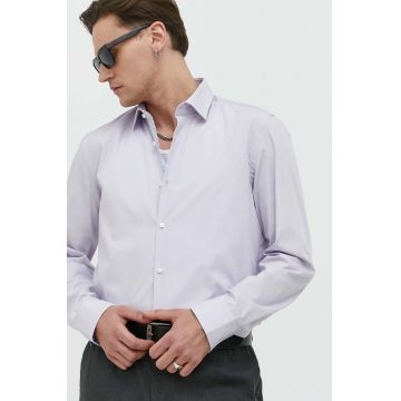 HUGO camasa din bumbac barbati, culoarea violet, cu guler clasic, slim