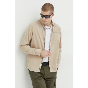 Solid camasa din velur culoarea bej, cu guler button-down, regular