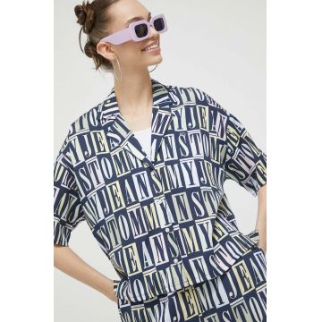 Tommy Jeans camasa femei, culoarea albastru marin, cu guler clasic, relaxed