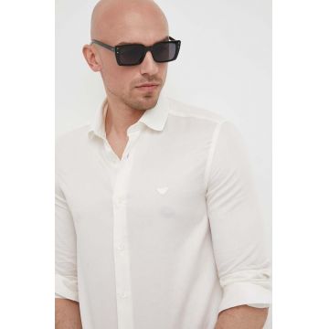 Emporio Armani camasa din bumbac barbati, culoarea bej, cu guler clasic, regular