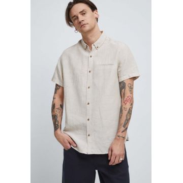 Medicine camasa de in barbati, culoarea bej, cu guler button-down, regular