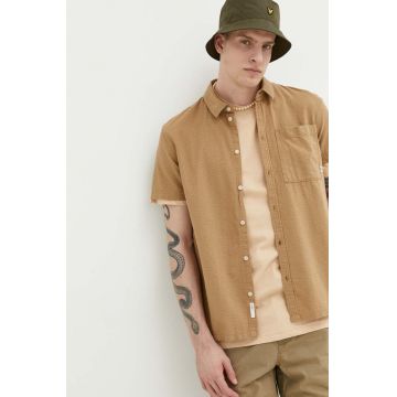 Solid camasa din bumbac barbati, culoarea bej, cu guler clasic, regular