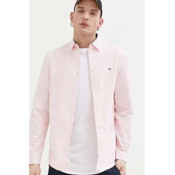 Tommy Jeans camasa din bumbac barbati, culoarea roz, cu guler clasic, regular