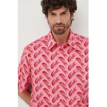 Lacoste camasa din bumbac barbati, culoarea roz, cu guler clasic, relaxed