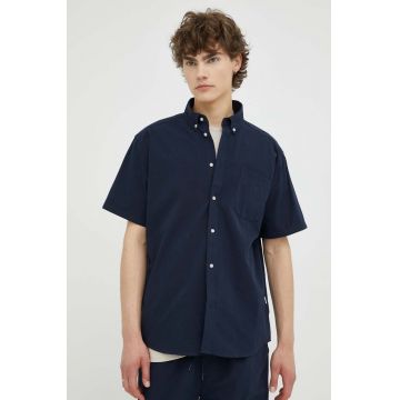 Les Deux camasa din bumbac Louis Seersucker barbati, culoarea albastru marin, cu guler button-down, regular