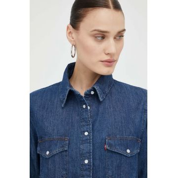 Levi's camasa jeans femei, culoarea albastru marin, cu guler clasic, regular