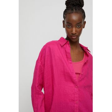 Medicine camasa de in femei, culoarea roz, cu guler clasic, relaxed