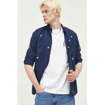 Tommy Jeans camasa din bumbac barbati, culoarea albastru marin, cu guler button-down, regular