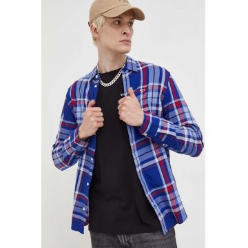 Tommy Jeans camasa din bumbac barbati, culoarea albastru marin, cu guler clasic, regular