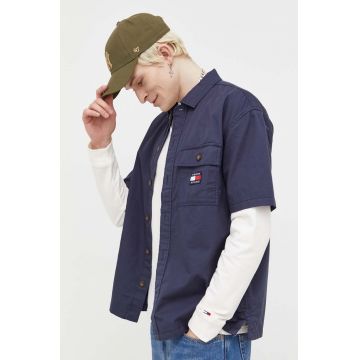 Tommy Jeans camasa din bumbac barbati, culoarea albastru marin, cu guler clasic, relaxed