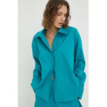 Herskind camasa din bumbac femei, culoarea turcoaz, cu guler clasic, relaxed