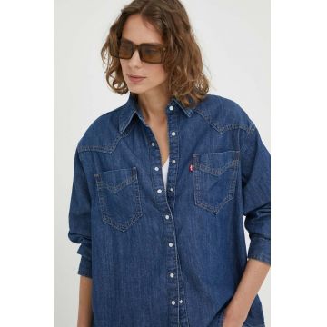 Levi's camasa jeans femei, culoarea albastru marin, cu guler clasic, relaxed