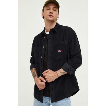 Tommy Jeans camasa din velur culoarea negru, cu guler clasic, relaxed