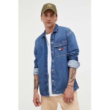 Tommy Jeans camasa jeans barbati, culoarea albastru marin, cu guler clasic, relaxed