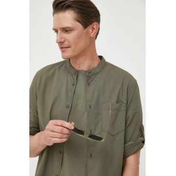 United Colors of Benetton camasa din bumbac barbati, culoarea verde, cu guler stand-up, regular