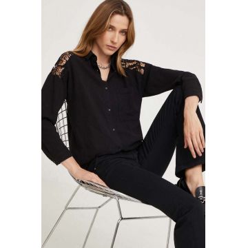 Answear Lab cămașă de in culoarea negru, cu guler clasic, relaxed