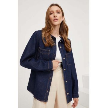 Answear Lab camasa jeans femei, culoarea albastru marin, cu guler clasic, relaxed