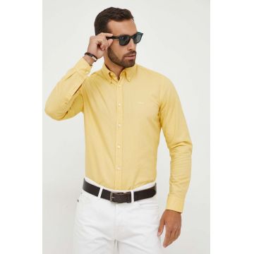BOSS camasa din bumbac BOSS ORANGE barbati, culoarea galben, cu guler italian, regular